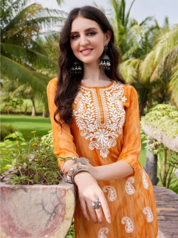 Orange Georgette Chikankari Embroidery Straight Kurta