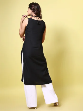Black Cotton Blend Embroidered High Neck Straight Kurta
