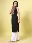 Black Cotton Blend Embroidered High Neck Straight Kurta (3)