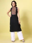 Black Cotton Blend Embroidered High Neck Straight Kurta (3)