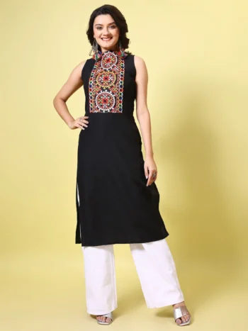 Black Cotton Blend Embroidered High Neck Straight Kurta