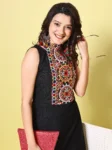 Black Cotton Blend Embroidered High Neck Straight Kurta (3)