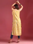 Cotton Blend Yellow Embroidered Batik Print Straight Shoulder Straps Summer Kurta (6)