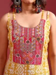Cotton Blend Yellow Embroidered Batik Print Straight Shoulder Straps Summer Kurta (6)