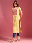 Cotton Blend Yellow Embroidered Batik Print Straight Shoulder Straps Summer Kurta (6)