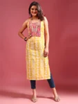 Cotton Blend Yellow Embroidered Batik Print Straight Shoulder Straps Summer Kurta (6)