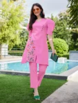 Cotton straight Floral Embroidery With Solid Pant Co-Orde Set (8)
