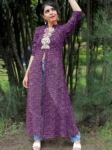 Elegant Purple Georgette Bandhani Print High Front Slit Kurta with Mirror Work Embroidery (7)