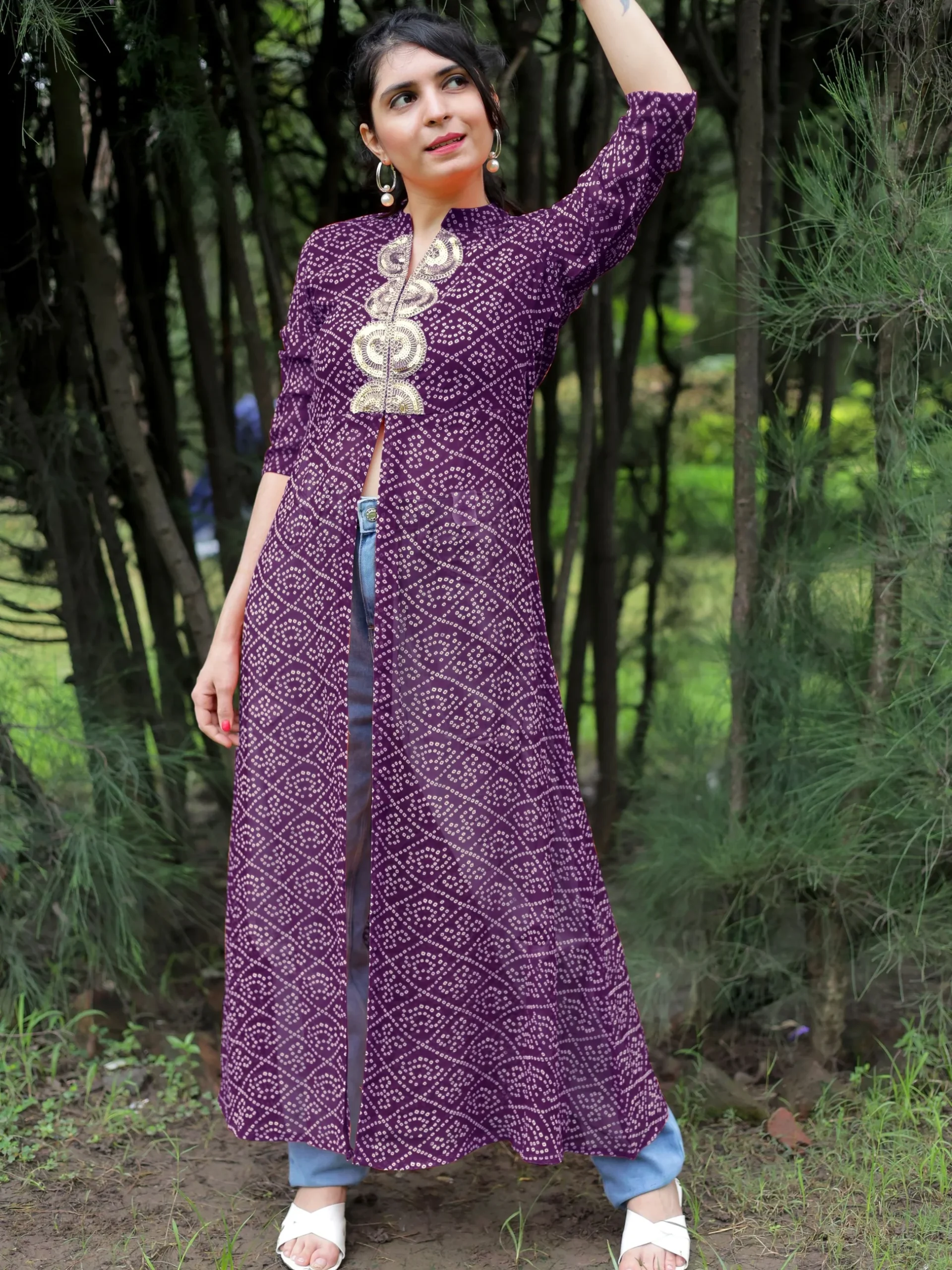 Elegant Purple Georgette Bandhani Print High Front Slit Kurta with Mirror Work Embroidery (2)