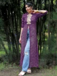 Elegant Purple Georgette Bandhani Print High Front Slit Kurta with Mirror Work Embroidery (7)