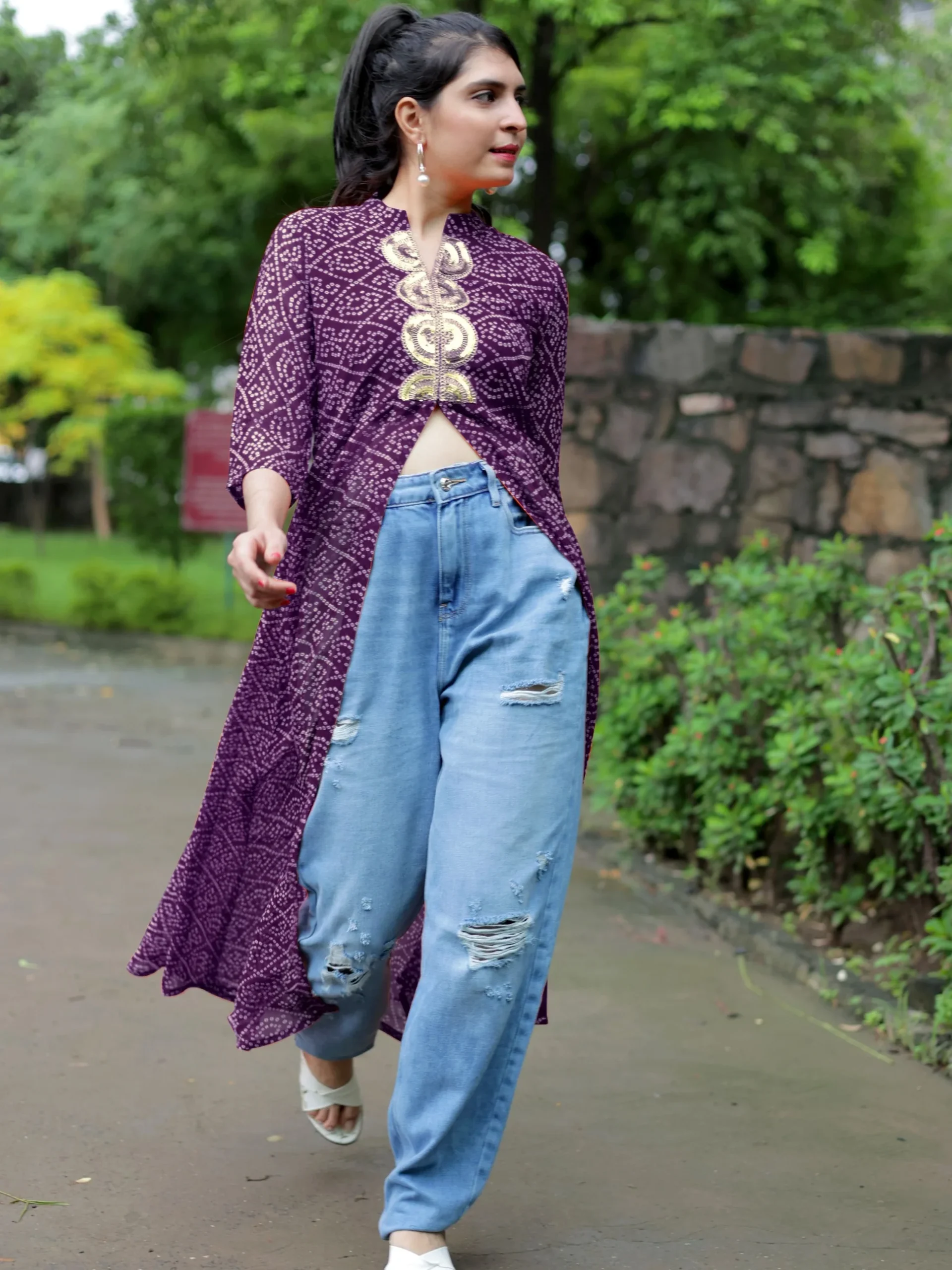 Elegant Purple Georgette Bandhani Print High Front Slit Kurta with Mirror Work Embroidery (6)