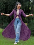 Elegant Purple Georgette Bandhani Print High Front Slit Kurta with Mirror Work Embroidery