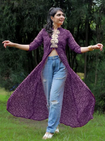 Elegant Purple Georgette Bandhani Print High Front Slit Kurta with Mirror Work Embroidery