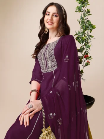 Embroidered Yoke Design Chinon A-Line Kurta Pant with Sequence Dupatta Set