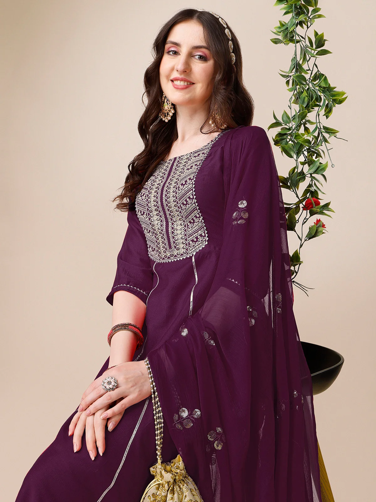 Embroidered Yoke Design Chinon A-Line Kurta Pant with Sequence Dupatta Set (21)