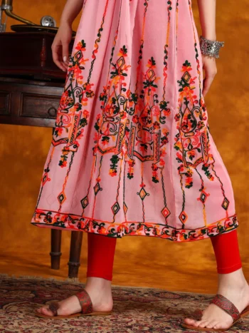 Gorgeous Pink Georgette Anarkali Kurta Set with Multi-Color Embroidery & Sequence Work