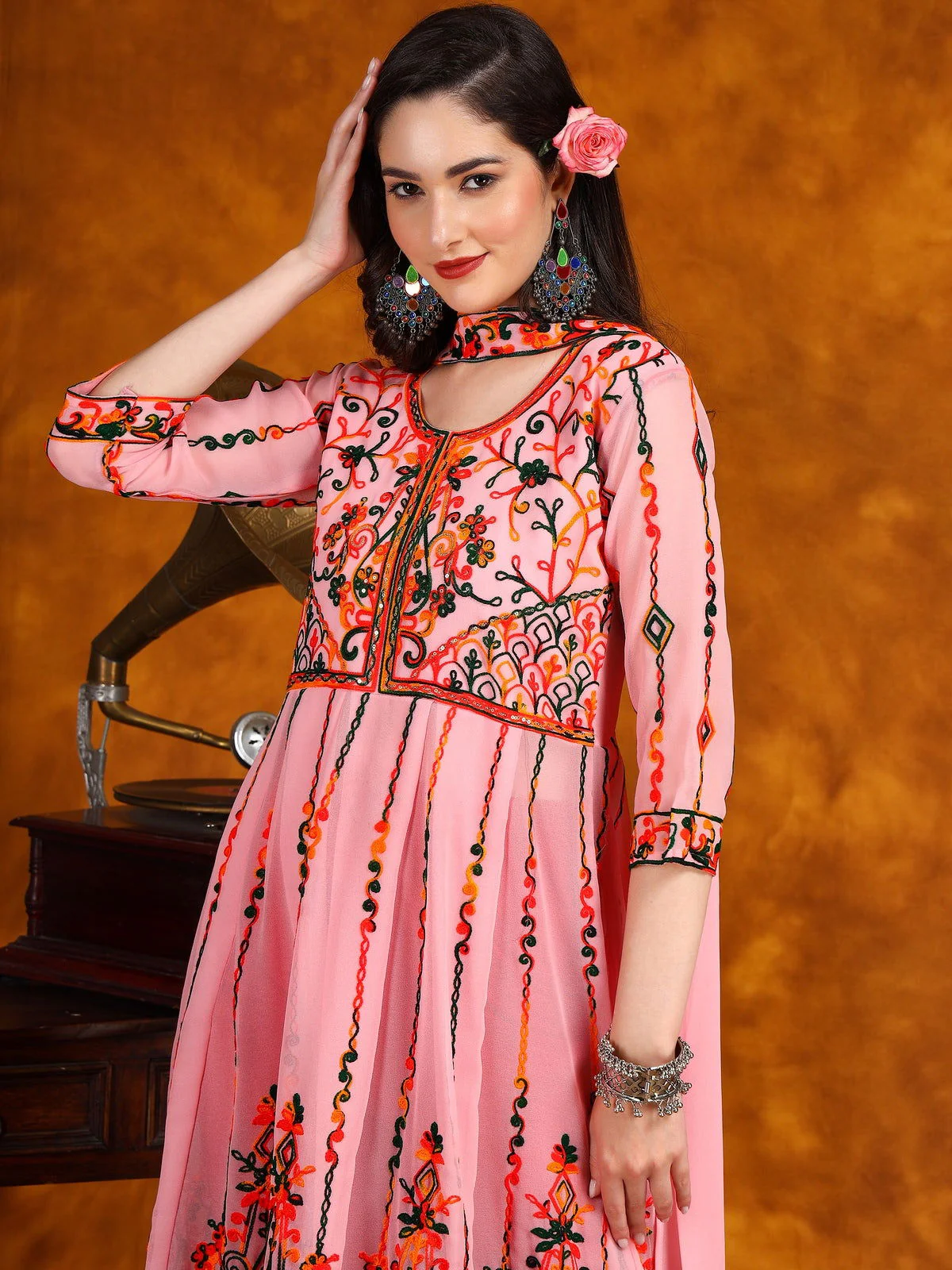 Gorgeous Pink Georgette Anarkali Kurta Set with Multi-Color Embroidery & Sequence Work (2)