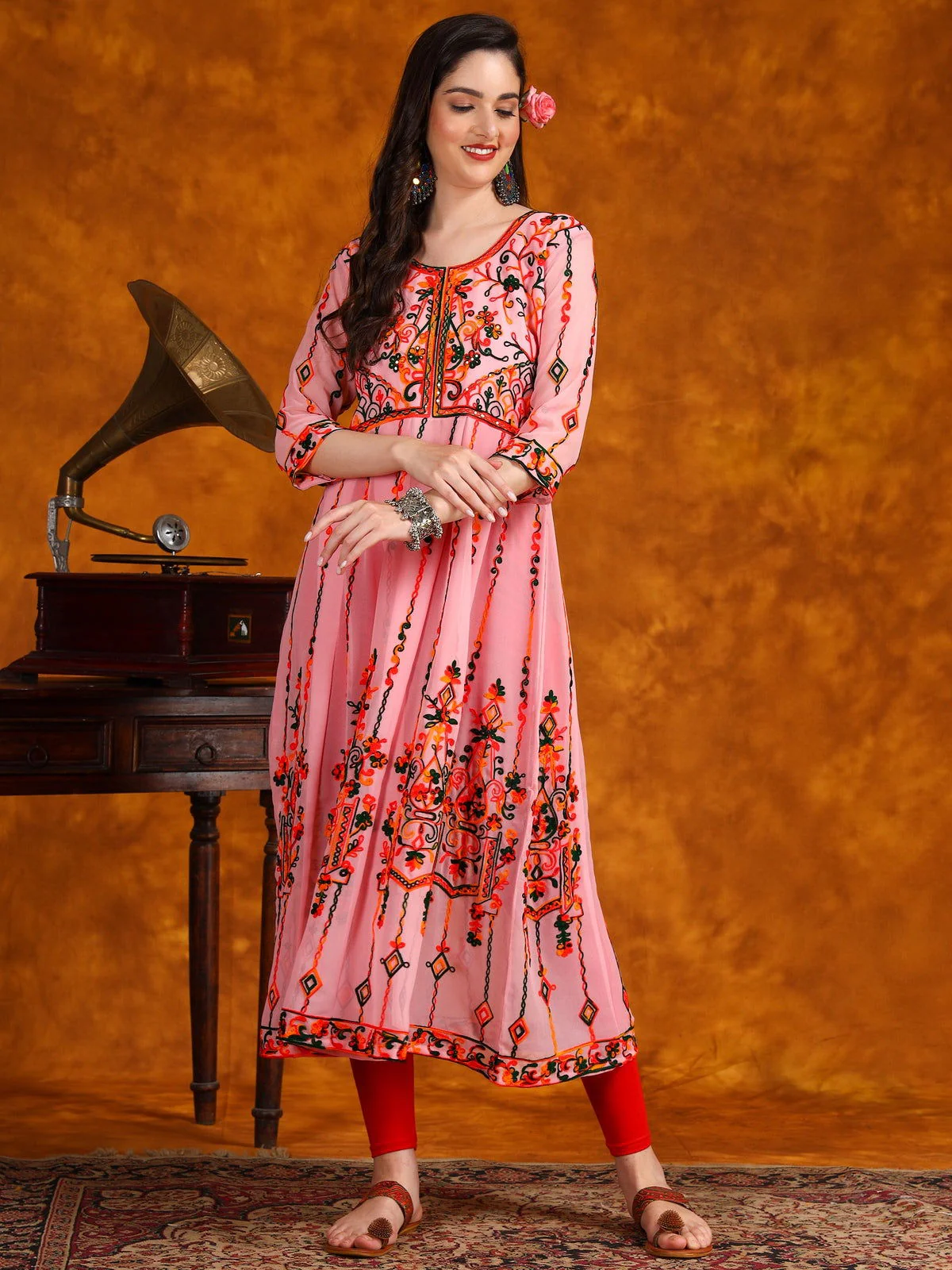Gorgeous Pink Georgette Anarkali Kurta Set with Multi-Color Embroidery & Sequence Work (3)