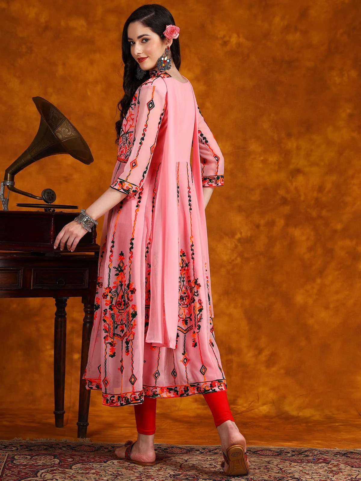 Gorgeous Pink Georgette Anarkali Kurta Set with Multi-Color Embroidery & Sequence Work (4)