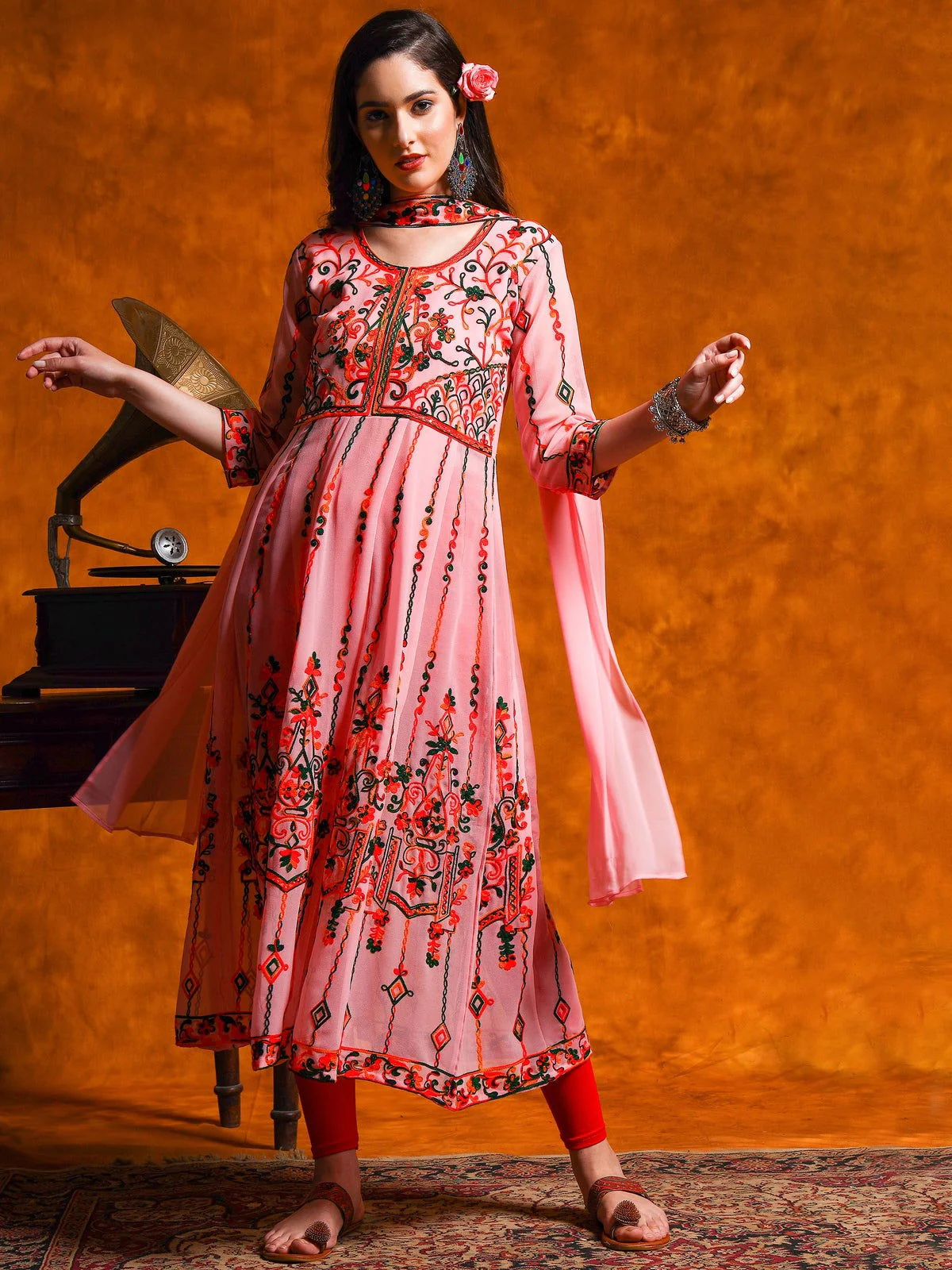Gorgeous Pink Georgette Anarkali Kurta Set with Multi-Color Embroidery & Sequence Work (6)