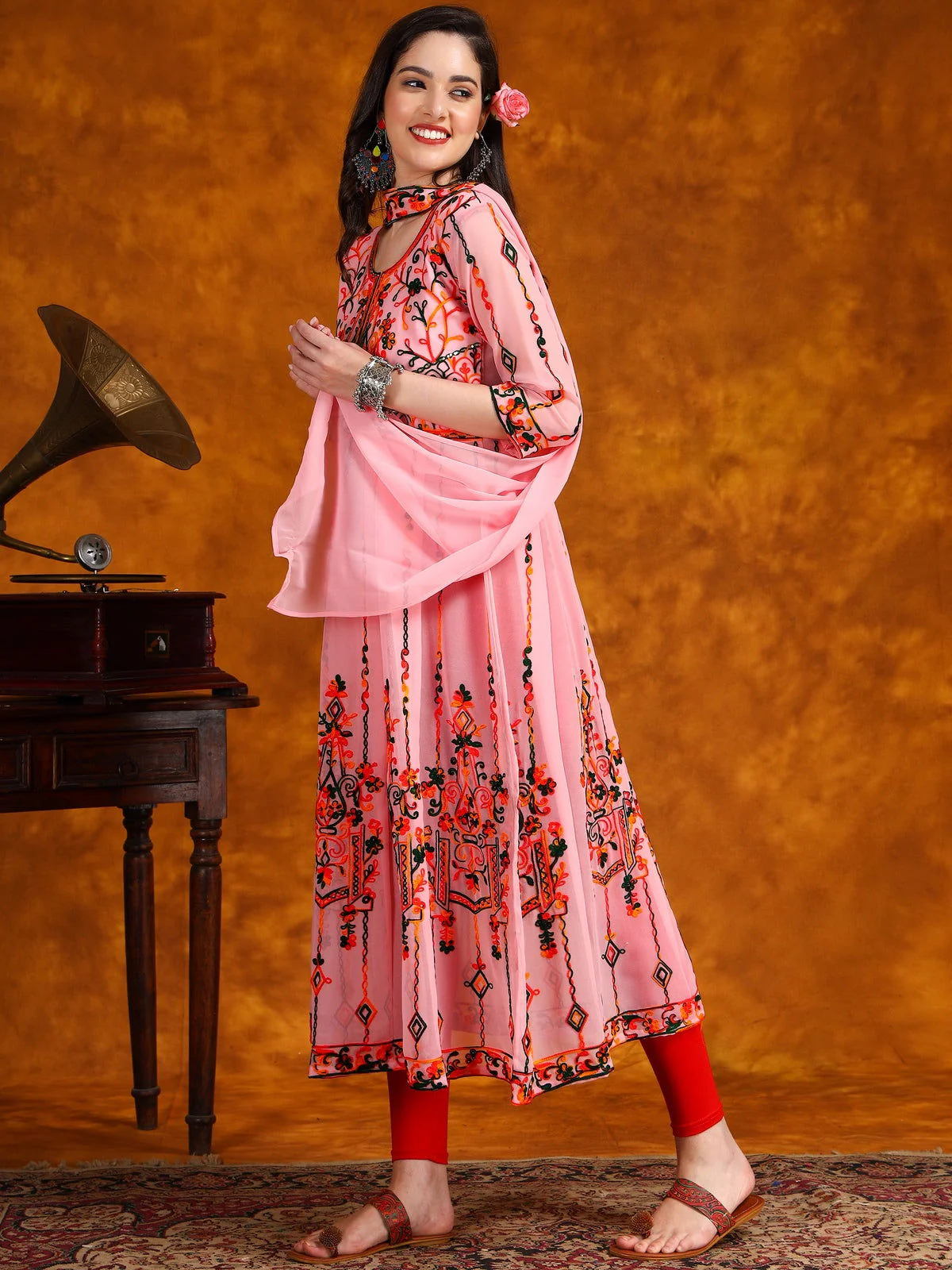 Gorgeous Pink Georgette Anarkali Kurta Set with Multi-Color Embroidery & Sequence Work (7)
