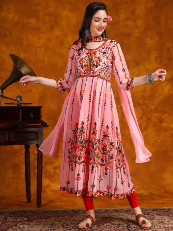 Gorgeous Pink Georgette Anarkali Kurta Set with Multi-Color Embroidery & Sequence Work