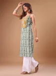 Green Cotton Blend Embroidered Batik Print Straight Shoulder Straps Summer Kurta (6)