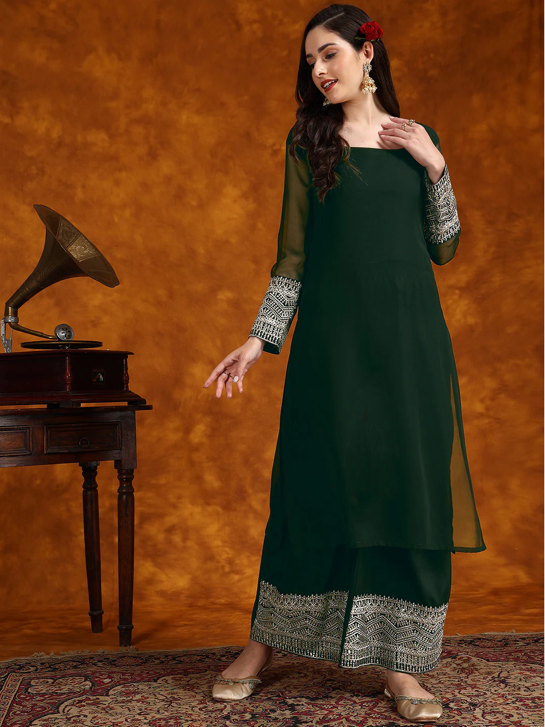 Green Georgette Lace Work Kurta Palazzo with Dupatta Set (1)
