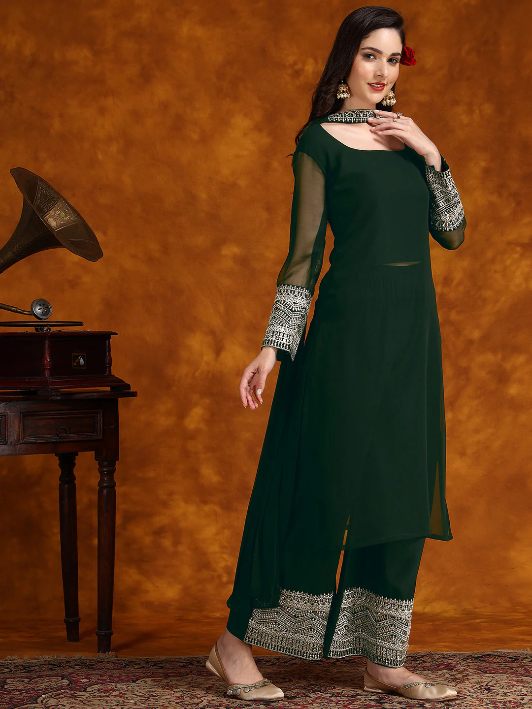Green Georgette Lace Work Kurta Palazzo with Dupatta Set (3)