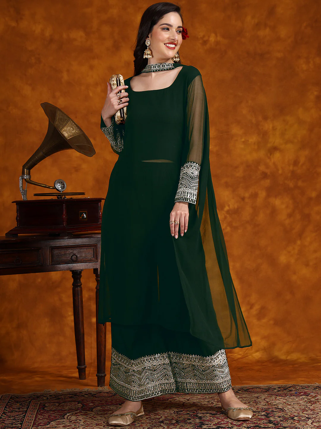 Green Georgette Lace Work Kurta Palazzo with Dupatta Set (6)