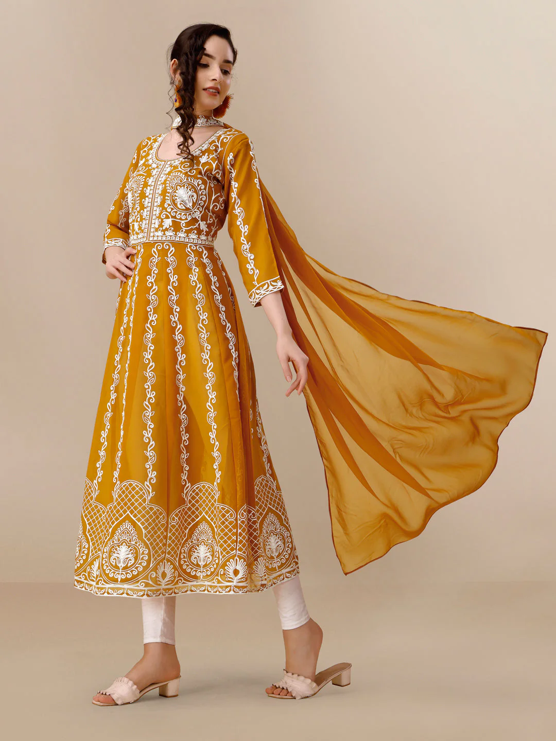 Mustard Yellow Chikankari Anarkali Set (2)