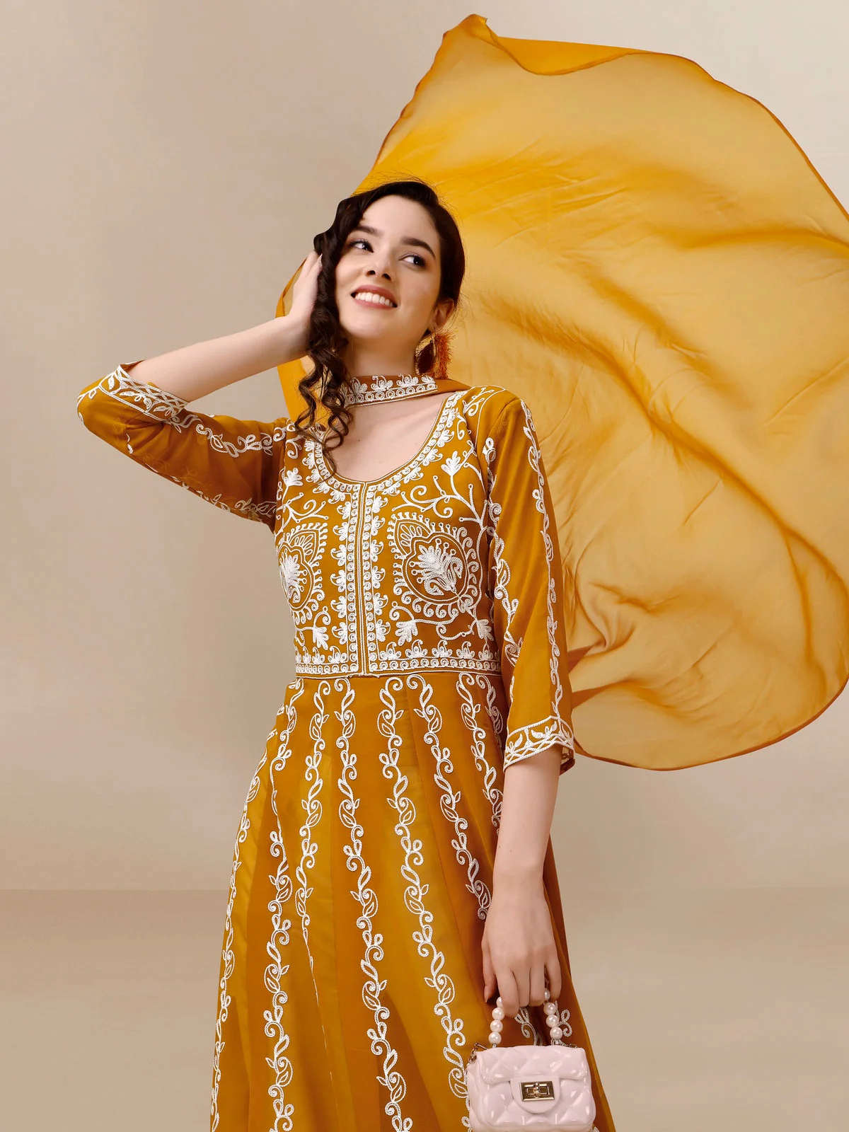 Mustard Yellow Chikankari Anarkali Set (3)