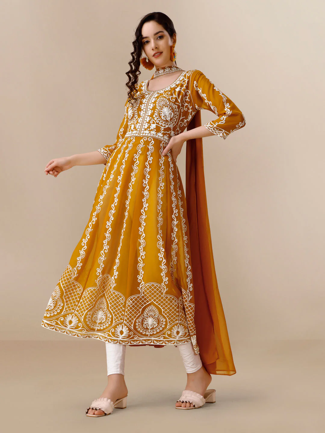 Mustard Yellow Chikankari Anarkali Set (4)