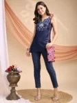 Navy Blue Chinon Yoke Embroidery Shoulder Strap Short Kurti (2)