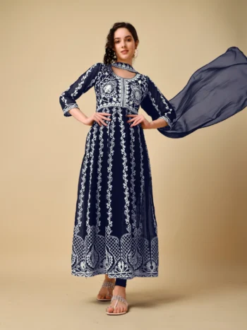 Navy Blue Embroidered Anarkali Set
