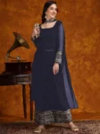 Navy Blue Georgette Lace Work Kurta Palazzo With Dupatta Set (6)