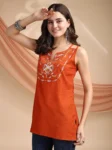Orange Chinon Yoke Embroidery Shoulder Strap Short Kurti (5)