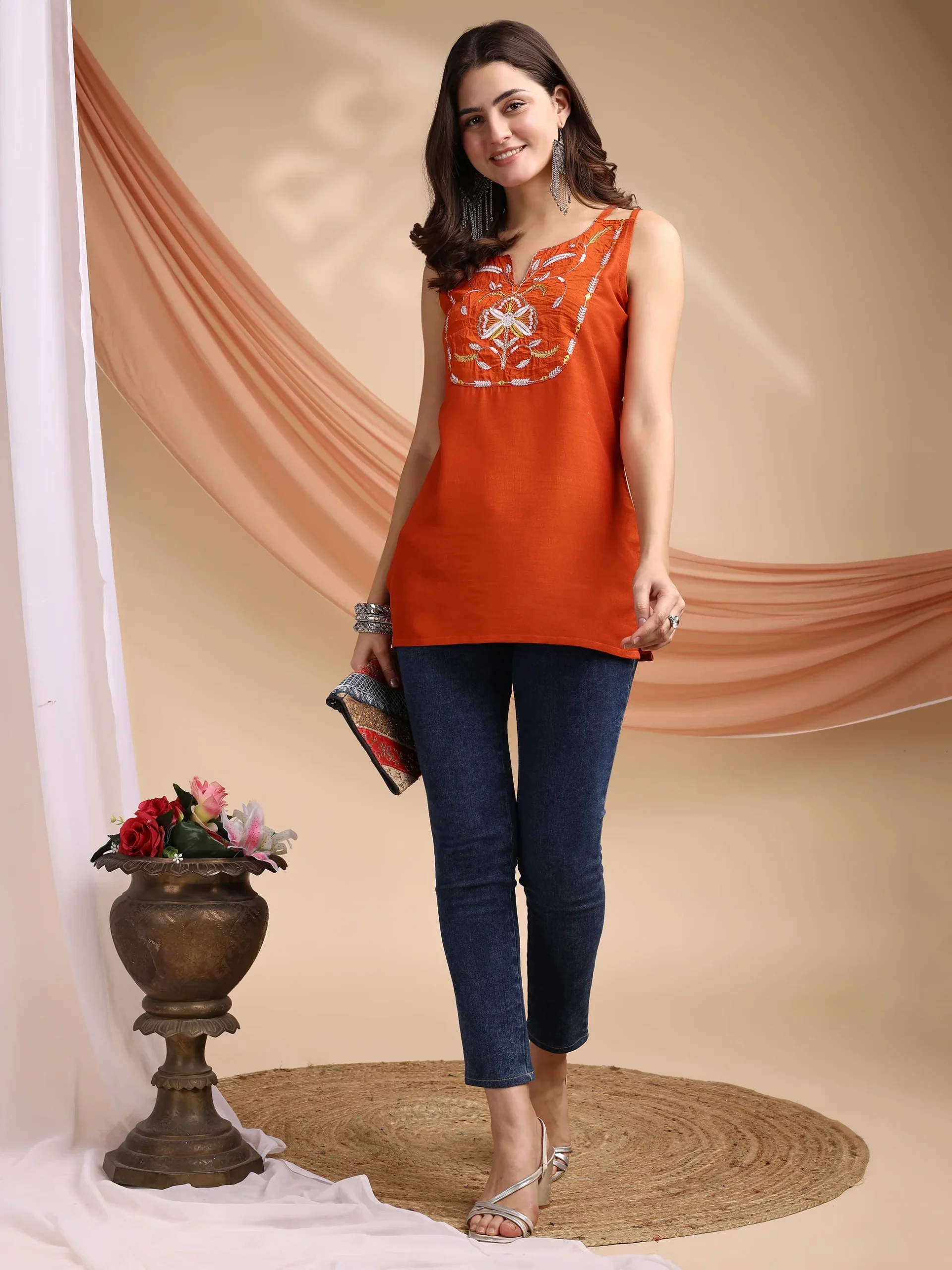 Orange Chinon Yoke Embroidery Shoulder Strap Short Kurti (4)
