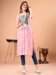 Pink Cotton Blend Embroidered Batik Print Straight Shoulder Straps Summer Kurta