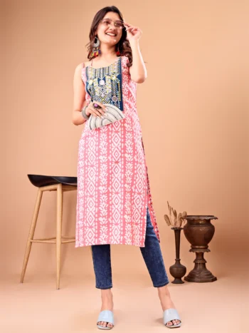 Pink Cotton Blend Embroidered Batik Print Straight Shoulder Straps Summer Kurta