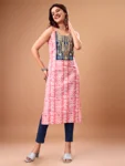 Pink Cotton Blend Embroidered Batik Print Straight Shoulder Straps Summer Kurta (3)