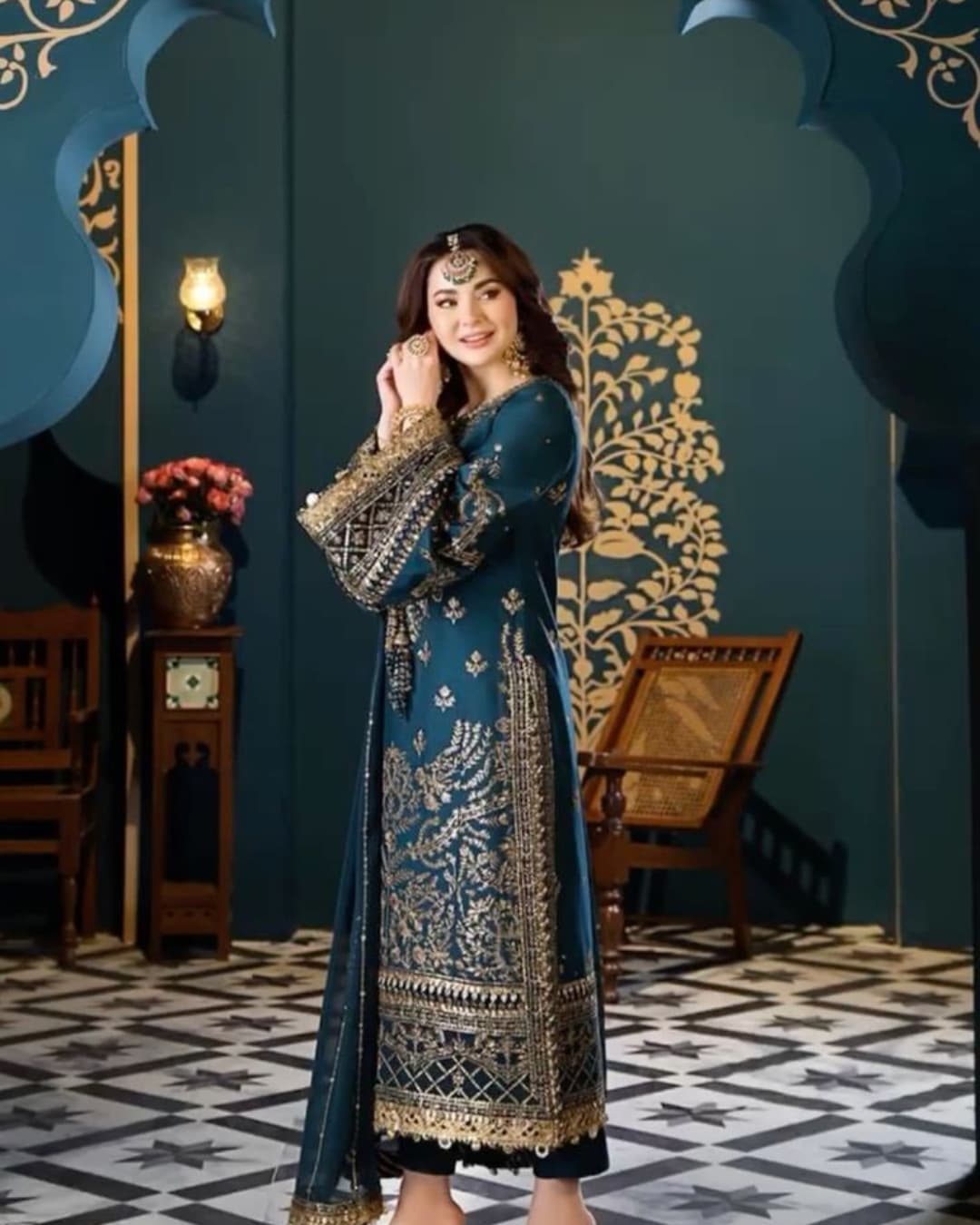 Premium Teal Blue Pakistani Semi-Stitched Georgette Suit with Heavy Golden Zari & Sequence Embroidery (1)
