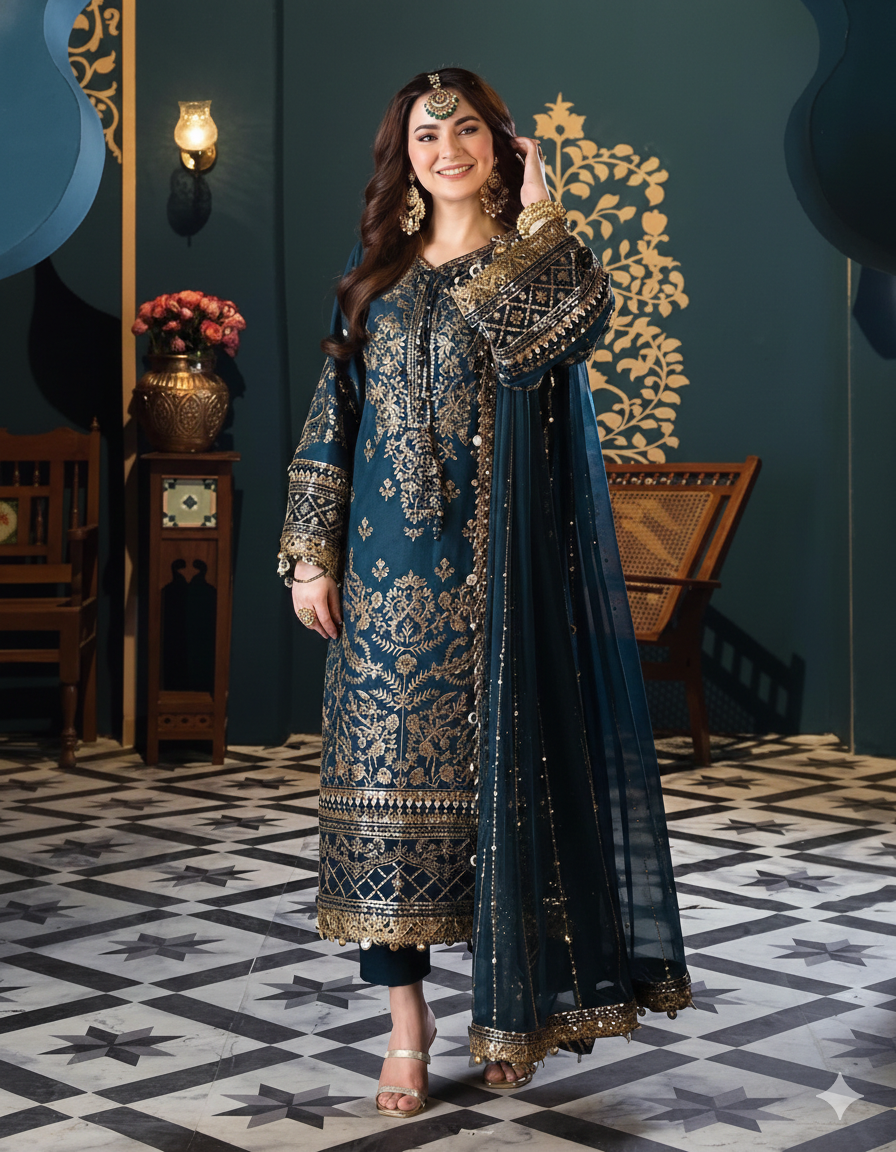 Premium Teal Blue Pakistani Semi-Stitched Georgette Suit with Heavy Golden Zari & Sequence Embroidery (1)