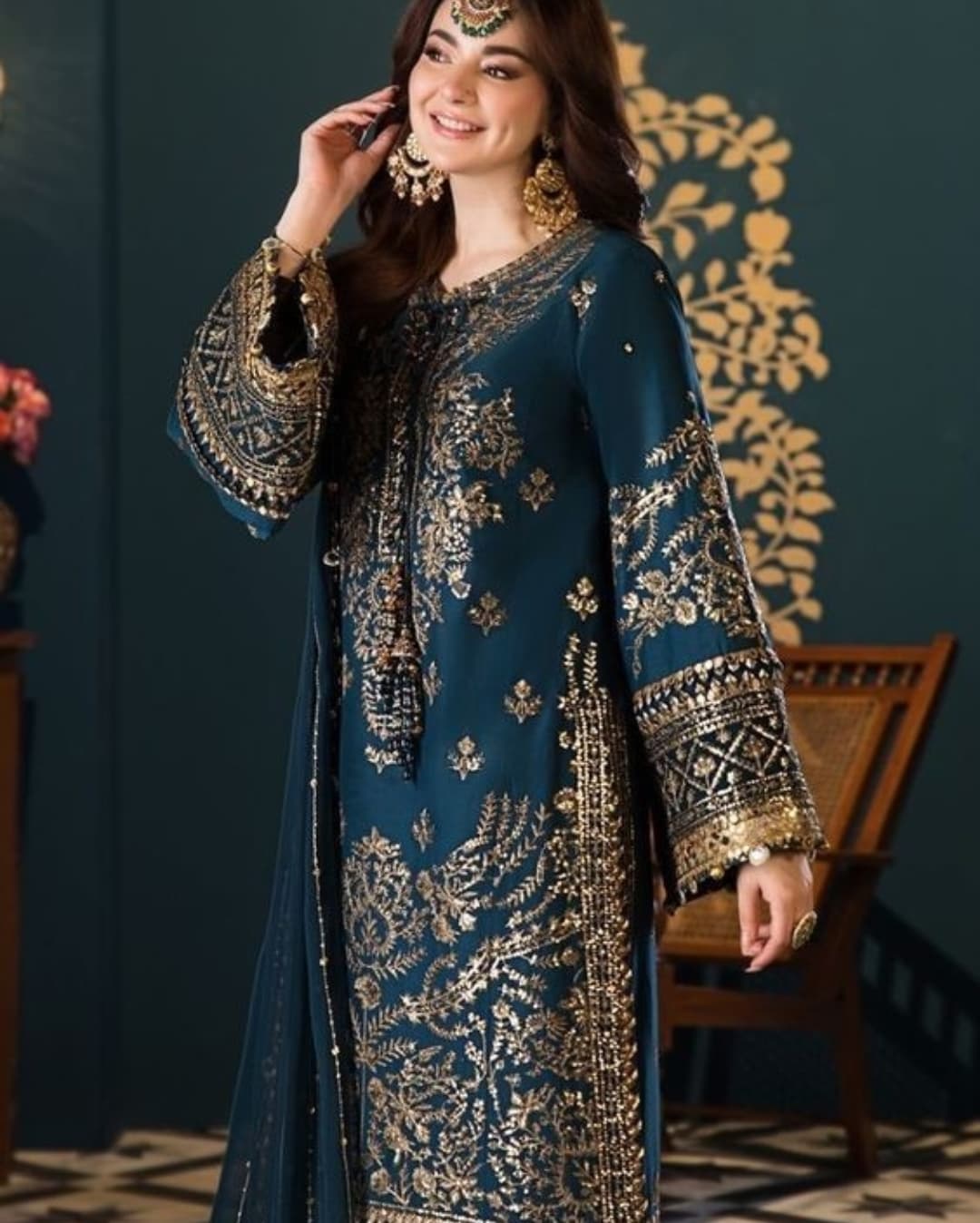 Premium Teal Blue Pakistani Semi-Stitched Georgette Suit with Heavy Golden Zari & Sequence Embroidery (2)