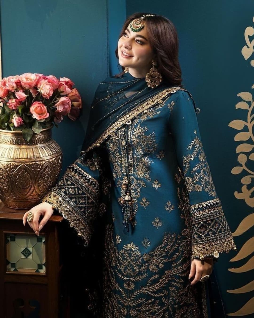 Premium Teal Blue Pakistani Semi-Stitched Georgette Suit with Heavy Golden Zari & Sequence Embroidery (6)