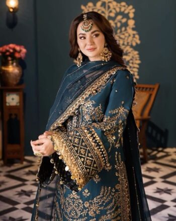 Premium Teal Blue Pakistani Semi-Stitched Georgette Suit with Heavy Golden Zari & Sequence Embroidery