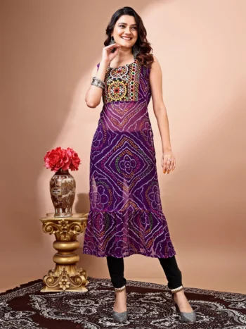 Purple Georgette Embroidered Bandhani Print Kurta
