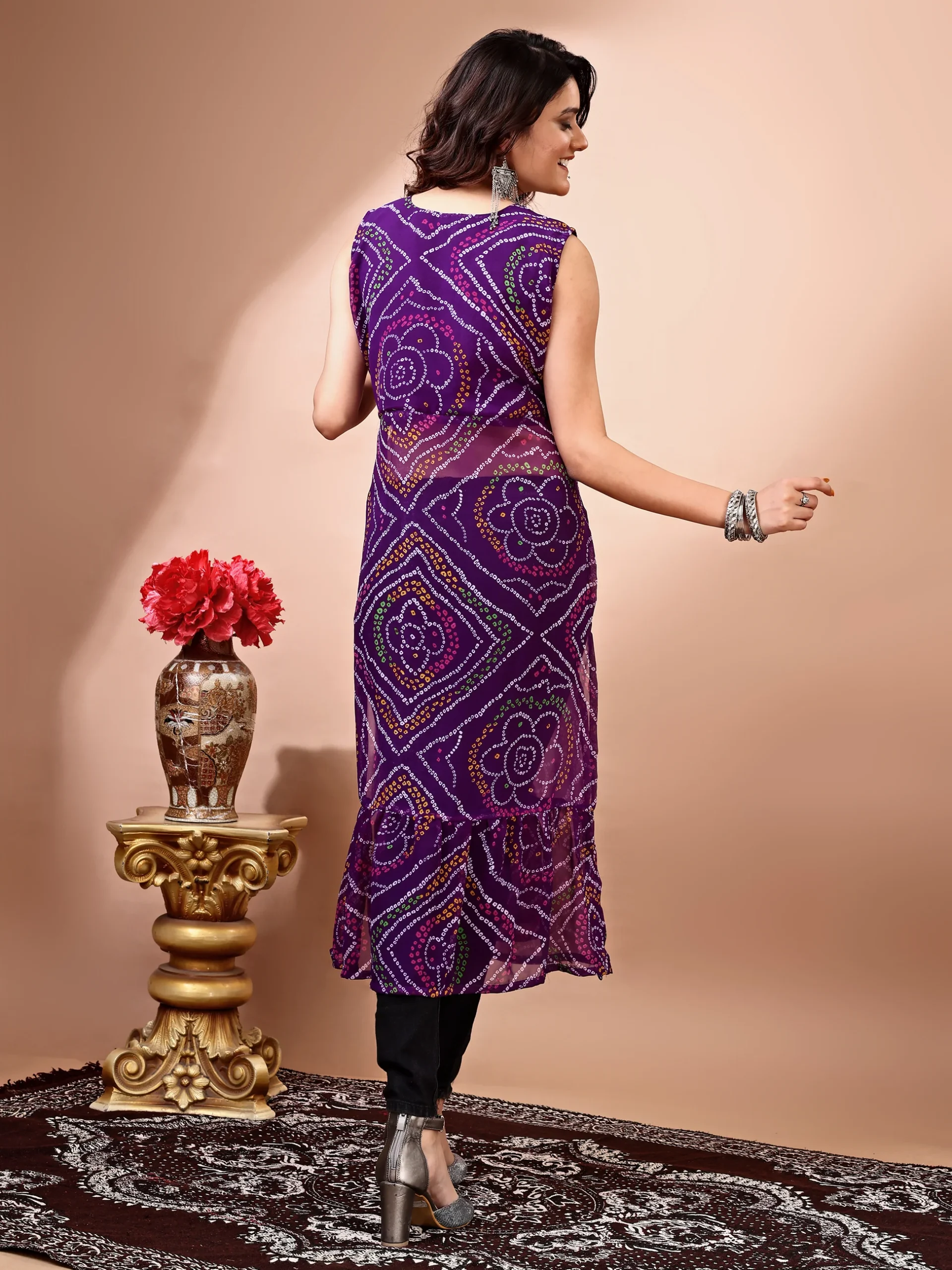 Purple Georgette Embroidered Bandhani Print Kurta (5)