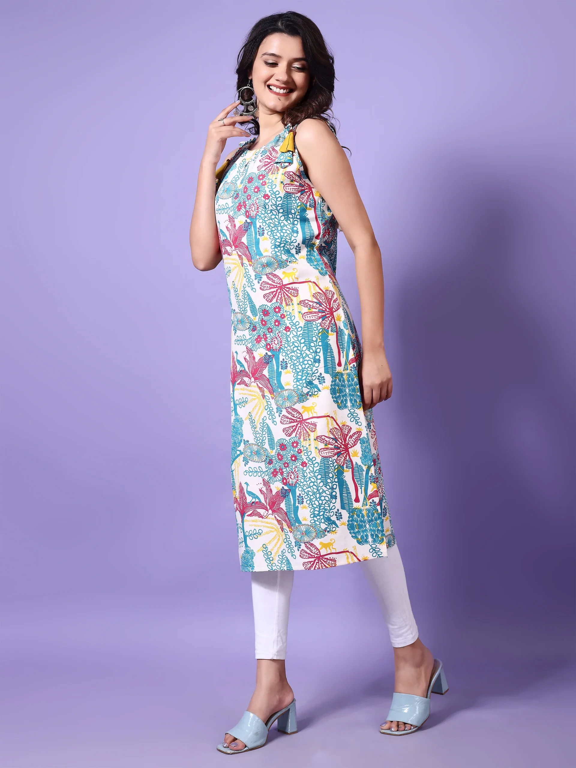 Rayon Floral Print Straight Shoulder Knot Kurta (2)