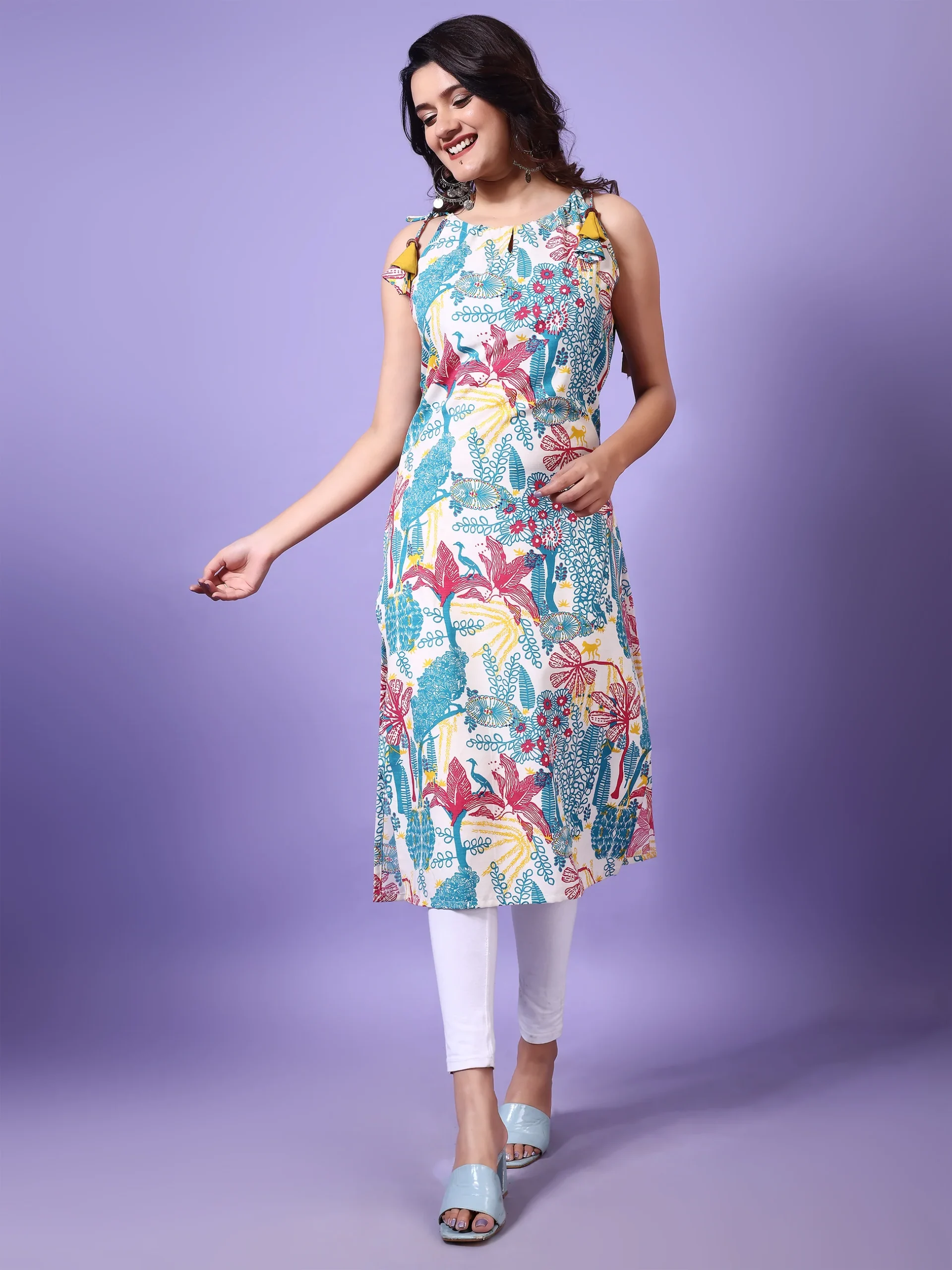 Rayon Floral Print Straight Shoulder Knot Kurta (3)